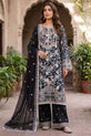 Black Floral Printed &amp; Embroidered Linen 3 Piece Suit - 0010