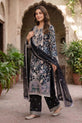 Black Floral Printed &amp; Embroidered Linen 3 Piece Suit - 0010